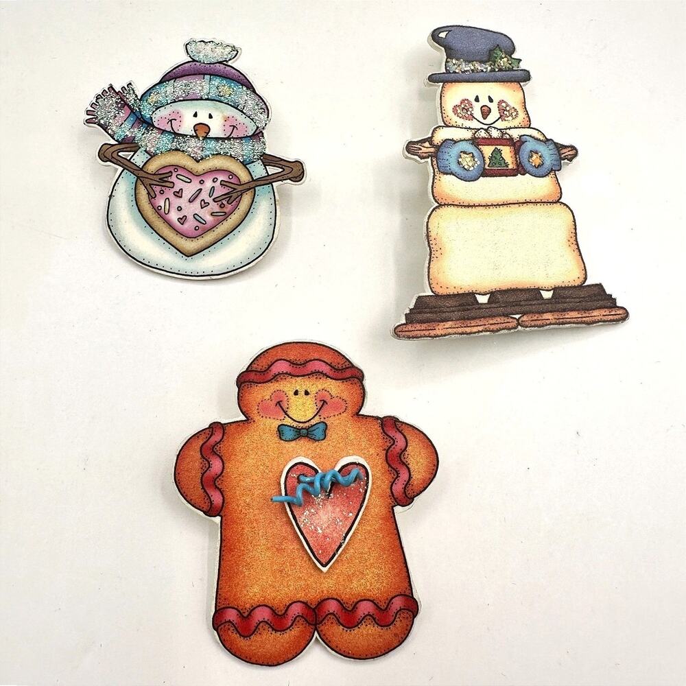 Vintage 90s Krazy Sues Kreations Snowman Gingerbread Pin Brooch Set Glitter Art